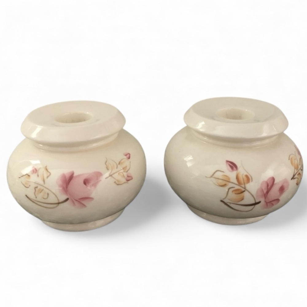 Vintage Hand Painted Ceramic Taper Candleholders Pink Roses by Lasting Products